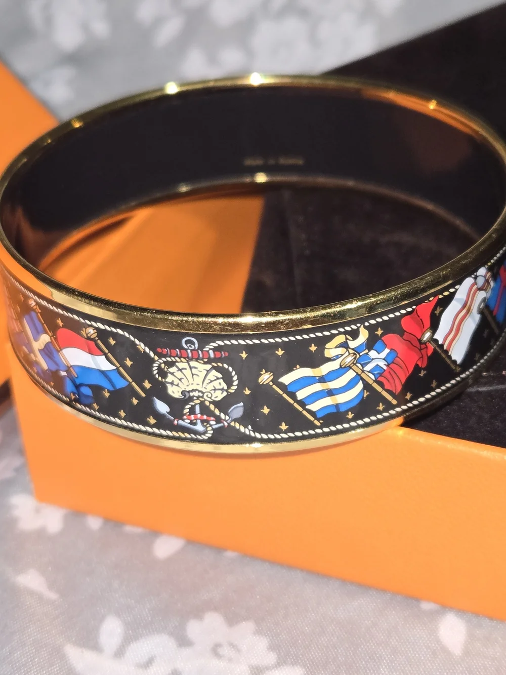 Hermes Vintage Black Enamel & Gold Flag Motif Bangle